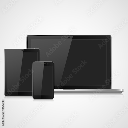 Modern laptop vector illustration, phone, tablet on a white background