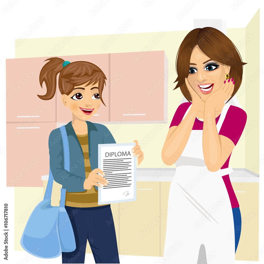 cute daughter showing school diploma to happy mother cute daughter showing school diploma to happy mother