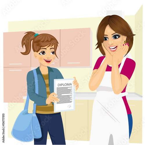 cute daughter showing school diploma to happy mother
