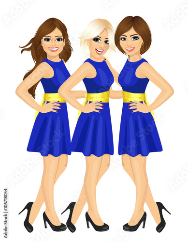 three beautiful professional fair hostess women standing with blue uniform