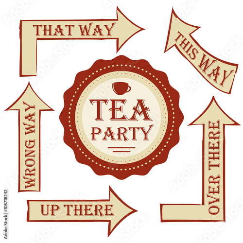 Tea party package. vector set signpost with sticker. decorate wedding or birthday party in style Alice in Wonderland