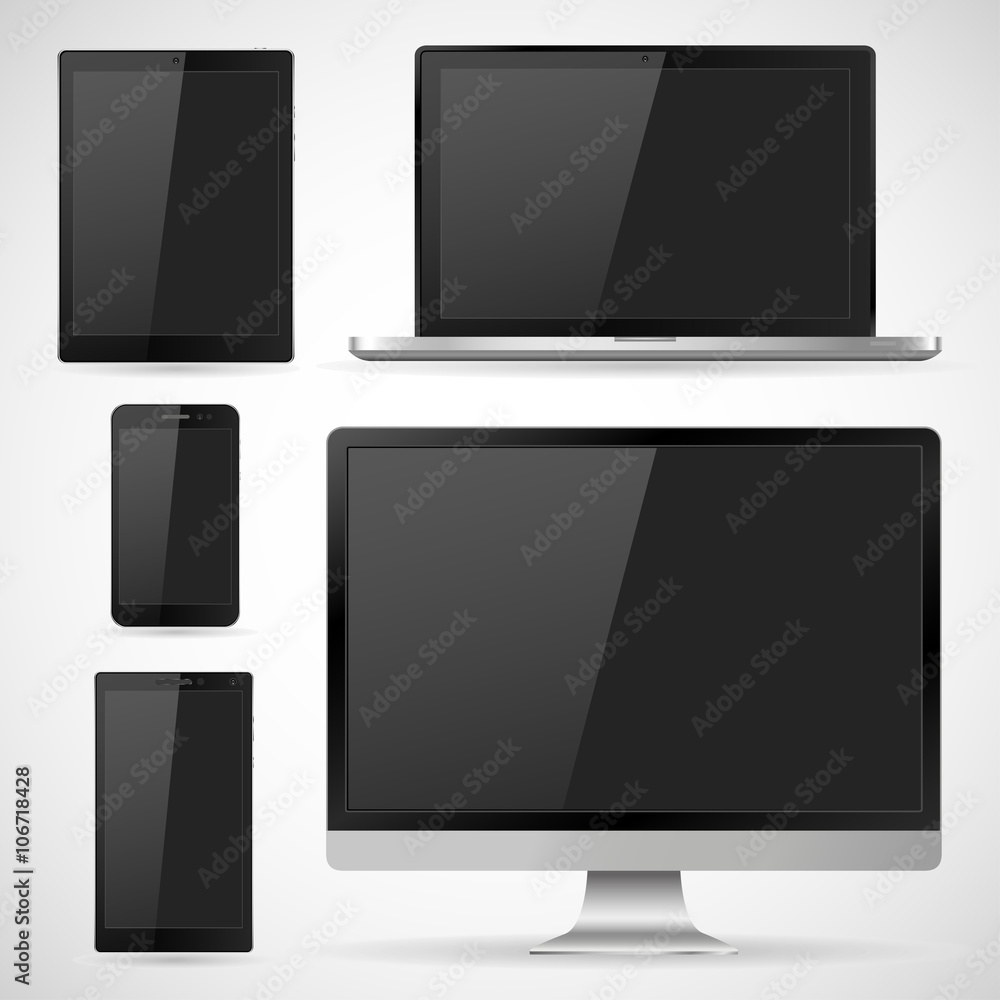 Vector illustration modern monitor, laptop, tablet and mobile phone with empty white screen. Various modern electronic gadget isolated on white background. Vector illustration EPS10 Vector illustration modern monitor, laptop, tablet and mobile phone with empty white screen. Various modern electronic gadget isolated on white background. Vector illustration EPS10