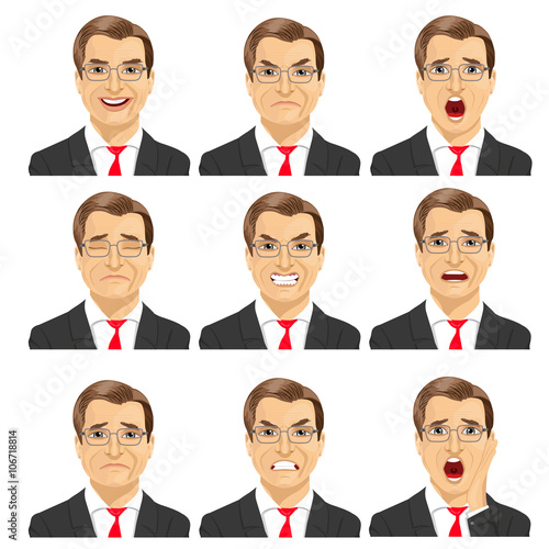 set of different expressions of the same middle aged businessman with glasses