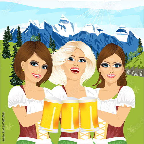 Three oktoberfest girls holding beer tankards against country scene with mountains