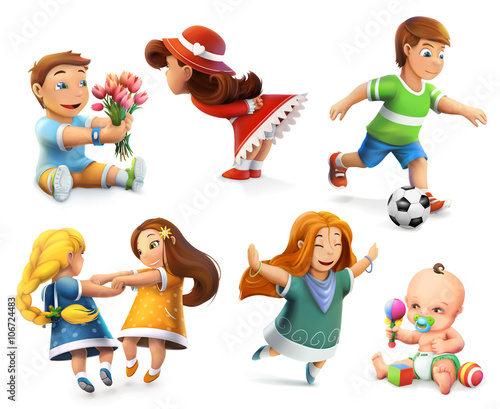 Children. Little girls and boys. Set of vector icons