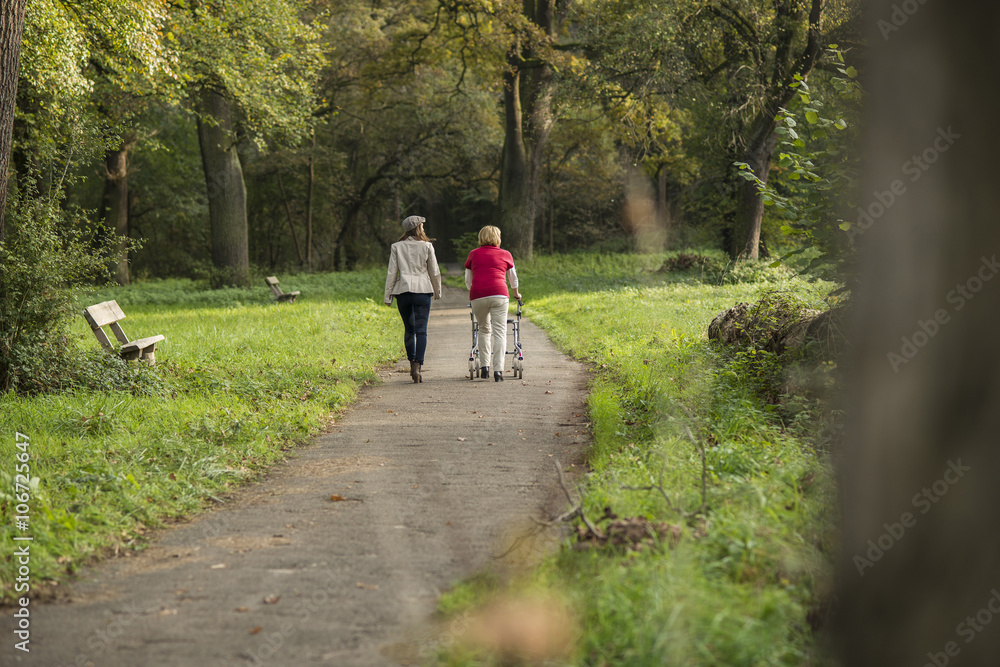 Senior woman and granddaughter walking together in a park, back view Senior woman and granddaughter walking together in a park, back view