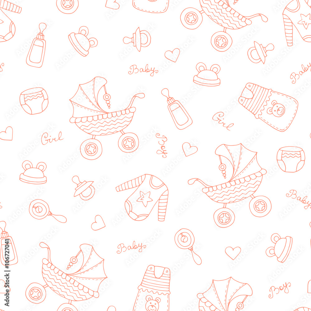 Vector seamless pattern with hand drawn symbols of newborn baby on ...