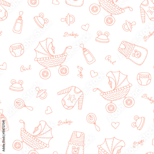 Vector seamless pattern with hand drawn symbols of newborn baby on white color