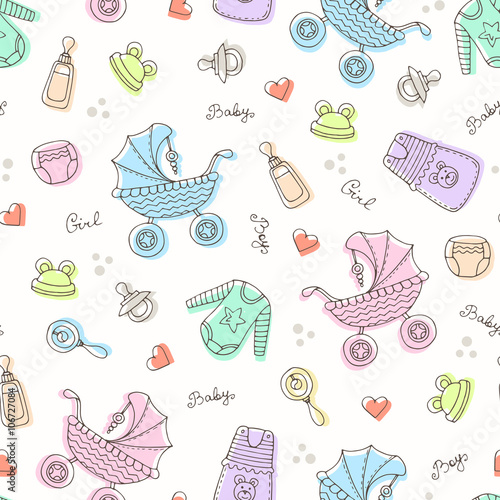 Vector seamless pattern with hand drawn symbols of newborn baby
