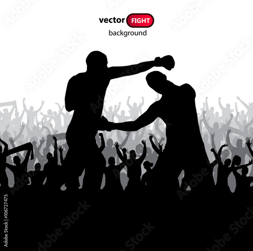Posters with fighters and cheering fans