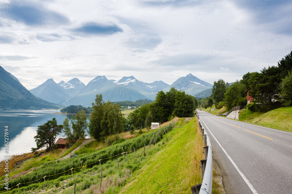 Views of the fjord, green fields and road