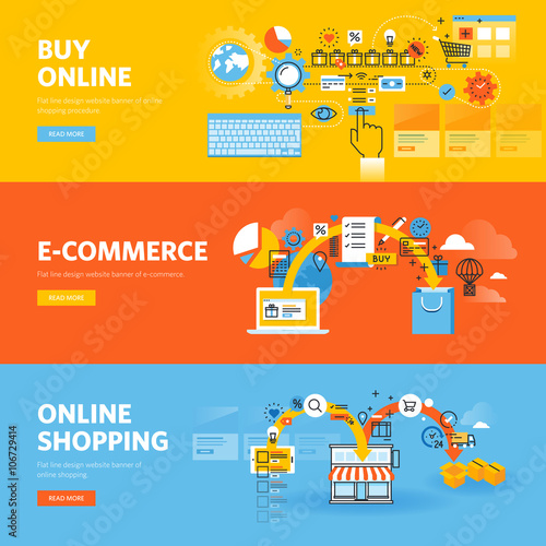 Set of flat line design web banners for online shopping, e-commerce, order procedure. Vector illustration concepts for web design, marketing, and graphic design.