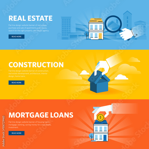 Set of flat line design web banners for real estate, construction, architecture and interior design, mortgage loans. Vector illustration concepts for web design, marketing, and graphic design.