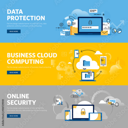 Set of flat line design web banners for data protection, internet security, antivirus software and services, business cloud computing. Vector illustration concepts for web and graphic design.