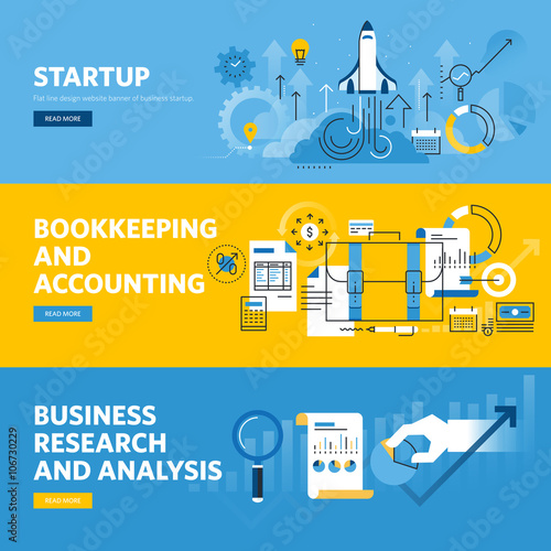 Set of flat line design web banners for company startup, finance, bookkeeping and accounting, business research and analysis. Vector illustration concepts for web and graphic design.