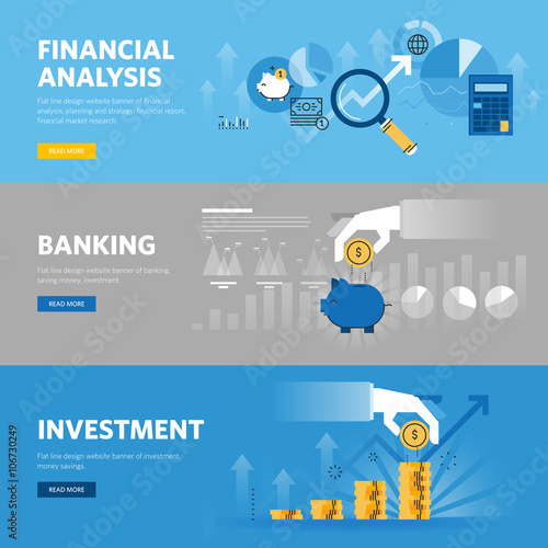 Set of flat line design web banners for banking and finance, investment, market research, financial analysis, savings. Vector illustration concepts for web design, marketing, and graphic design.