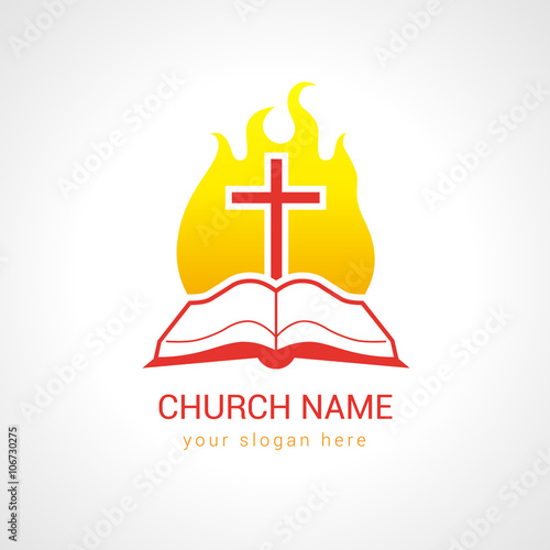 Cross on the flame bible church logo.Template logo for the church in the form of the bible with the cross and flames
