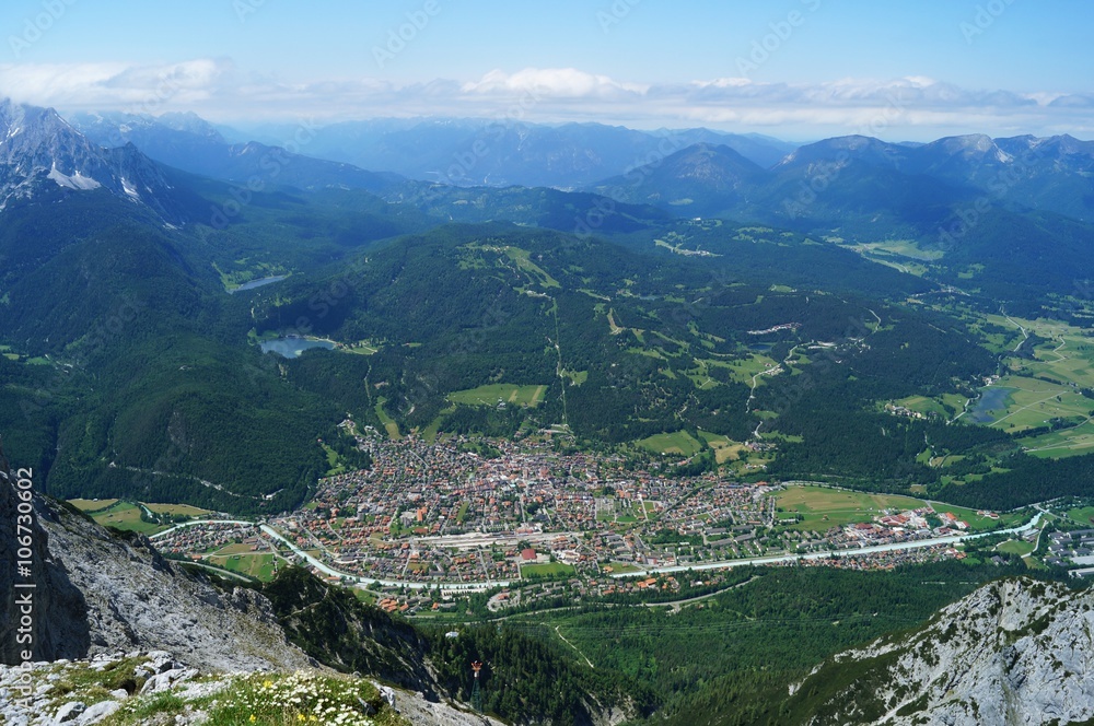 Vista from the Karwendel peak of the township Mittenwald, Bavaria, Germany from 2300 m above sea level. July, 2013.