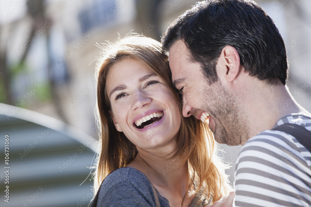 France, Paris, portrait of happy couple having fun France, Paris, portrait of happy couple having fun