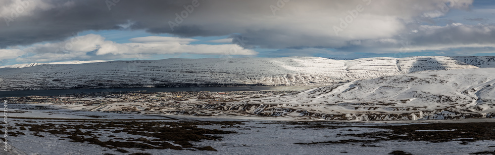 Snowy winter cloud scene in Scandinavia panoramic