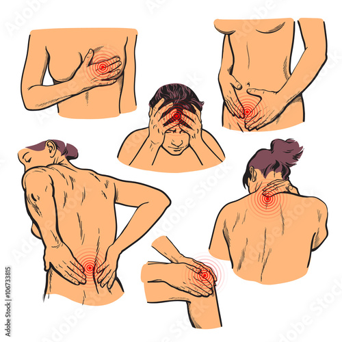Set of different pain syndromes. Worried back. Stomach ache. Pain during menstruation. Pain in the neck. Pain in the knee stustave. Pain in the bones and joints. Headache. Vector illustration. Sketch