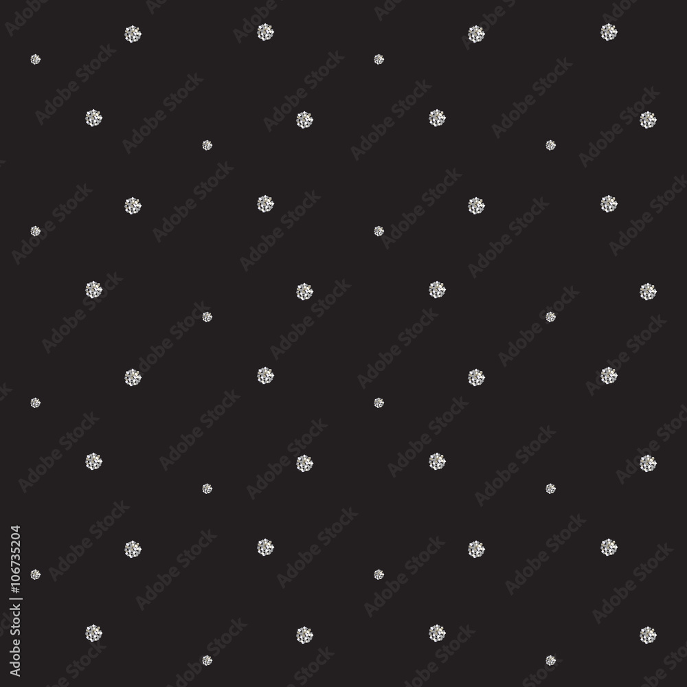 Silver foil glitter polkadot seamless dark pattern. Vector shimmer abstract circles texture. Sparkle shiny balls background.