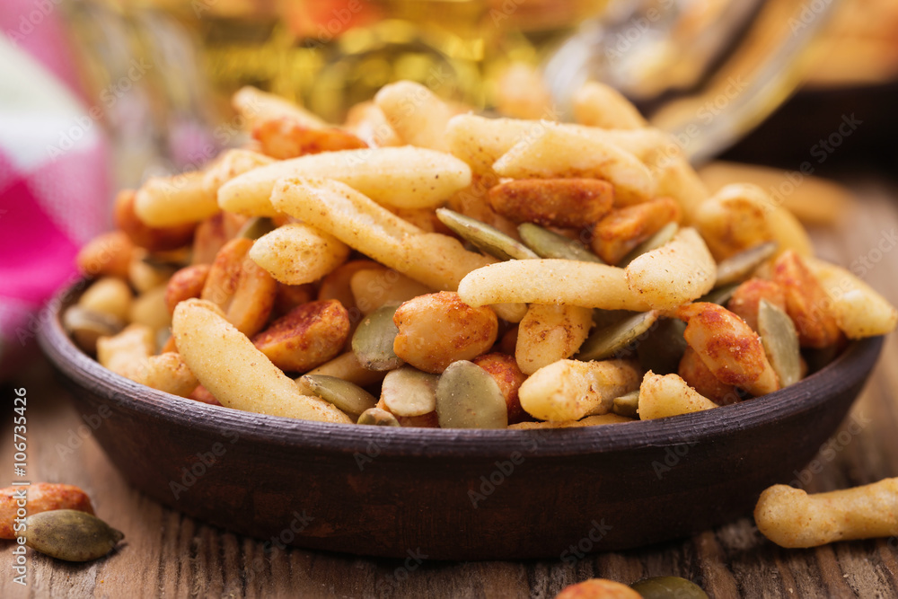 Nuts and crackers to beer, close-up Nuts and crackers to beer, close-up