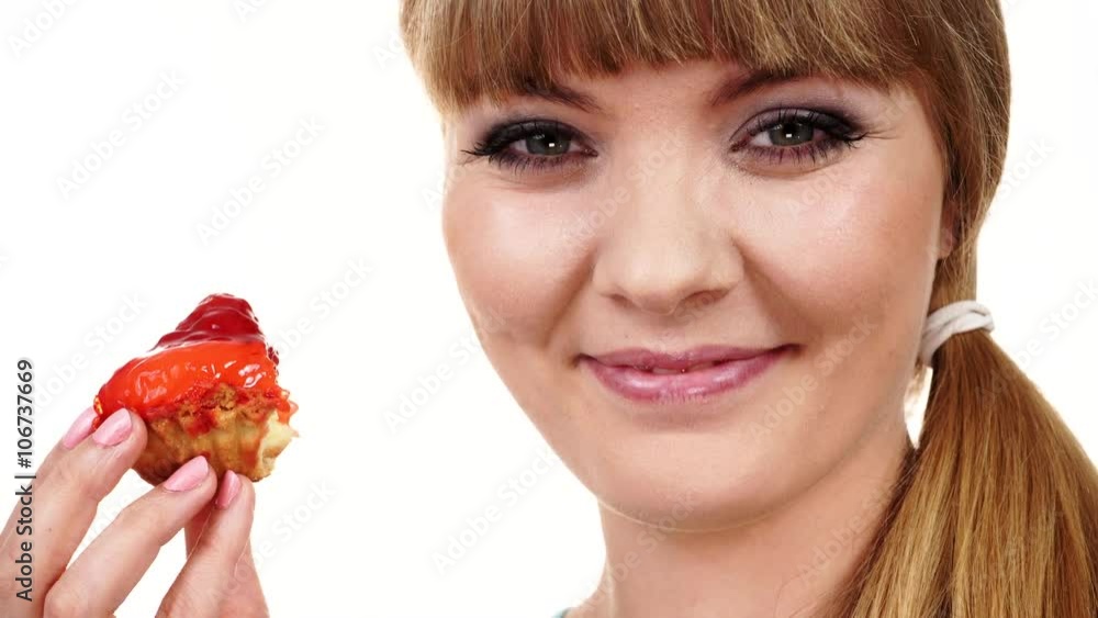 Woman eating cupcake sweet food 4K Woman eating cupcake sweet food 4K