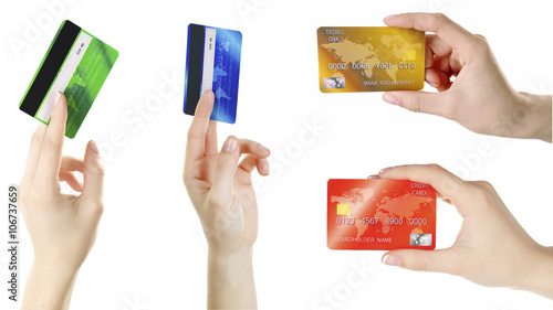Collage of hands holding credit cards  isolated on white