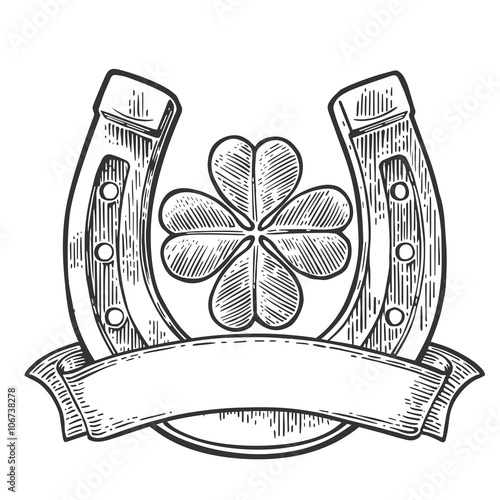 Good luck four leaf clover and horseshoe with ribbon. Vintage vector engraving illustration for info graphic, poster, web. Black on white background