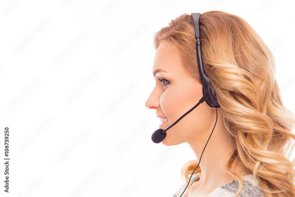 Side view portrait of beautiful agent of call center Side view portrait of beautiful agent of call center
