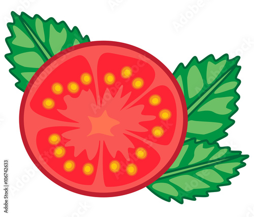delicious juicy tomato slice with the basil leaves vector illustration