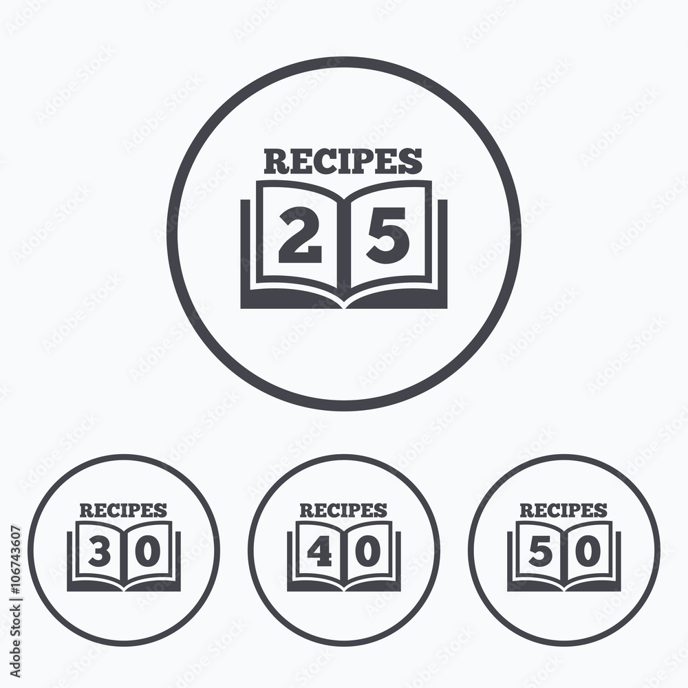 Cookbook icons. Fifty recipes book sign. Cookbook icons. Fifty recipes book sign.