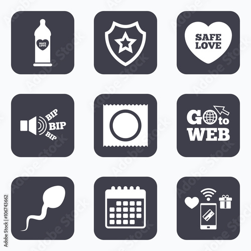 Safe sex love icons. Condom in package symbols.