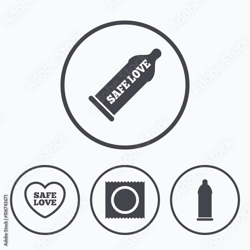 Safe sex love icons. Condom in package symbols.