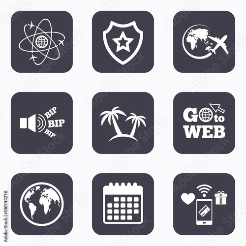 Travel trip icon. Airplane, world globe symbols.