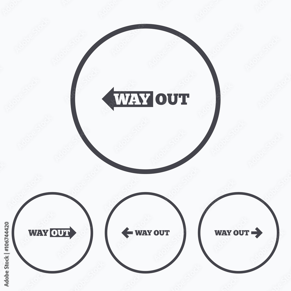 Way out icons. Left and right arrows symbols. Way out icons. Left and right arrows symbols.