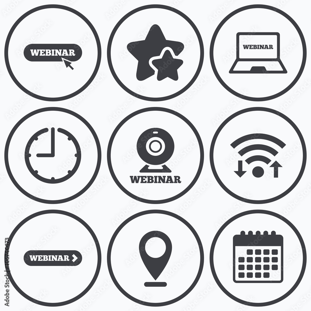 Webinar icons. Web camera and notebook pc signs. Webinar icons. Web camera and notebook pc signs.