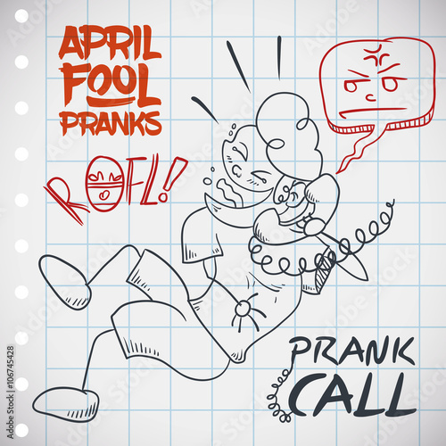 Laughing Man doing a Prank Call in April Fools' Day, Vector Illustration