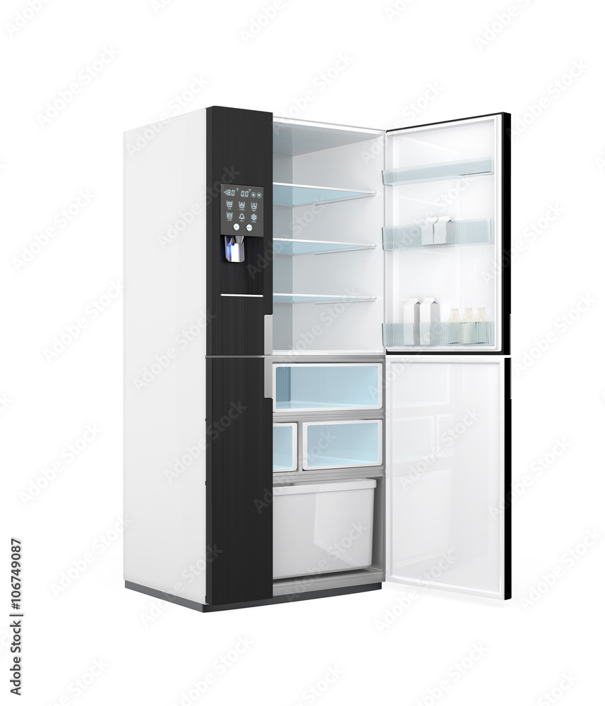 Smart refrigerator with ice dispenser function. User can touch icon on the door to discover more information of food and drink inside. 3D rendering image with clipping path. Smart refrigerator with ice dispenser function. User can touch icon on the door to discover more information of food and drink inside. 3D rendering image with clipping path.