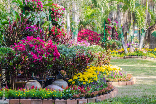 Flowers in the garden on summer.  Landscaped flower garden with lots of colorful blooms on summer.