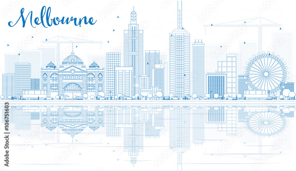 Outline Melbourne Skyline with Blue Buildings and Reflections.