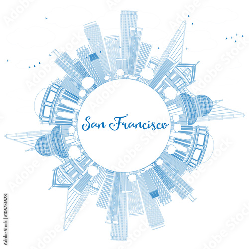 Outline San Francisco Skyline with Blue Buildings.