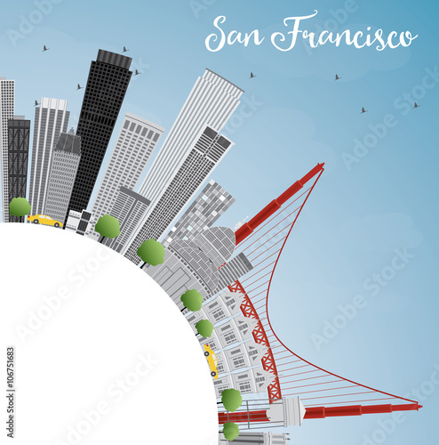 San Francisco Skyline with Gray Buildings and Blue Sky.