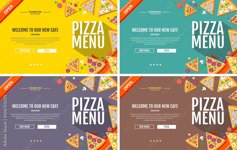 Fototapeta Koncepcja menu pizzy w stylu płaski Projekt witryny sieci Web. Tożsamość zbiorowa