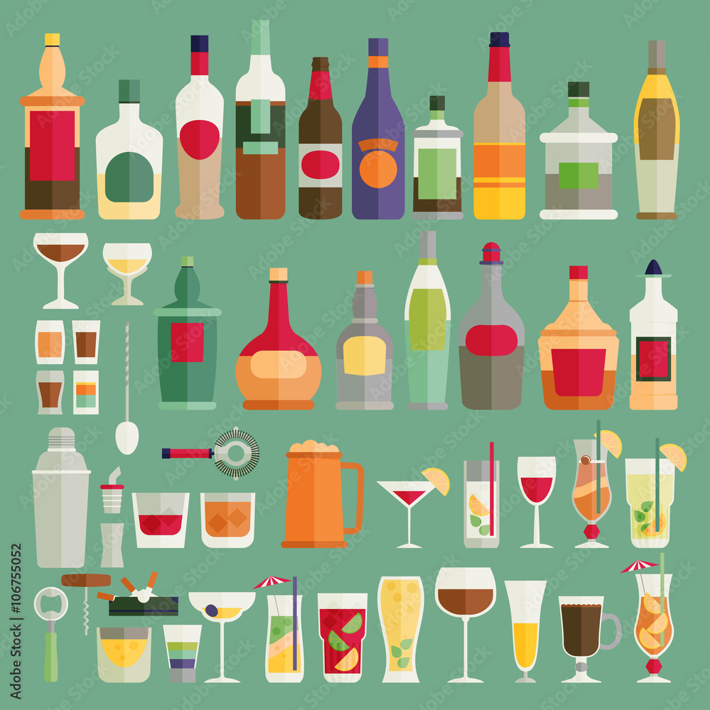 Drinks and beverages icon set. Flat vector illustration.