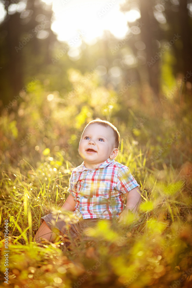 Little boy sitting in the grass in the sunshine Little boy sitting in the grass in the sunshine