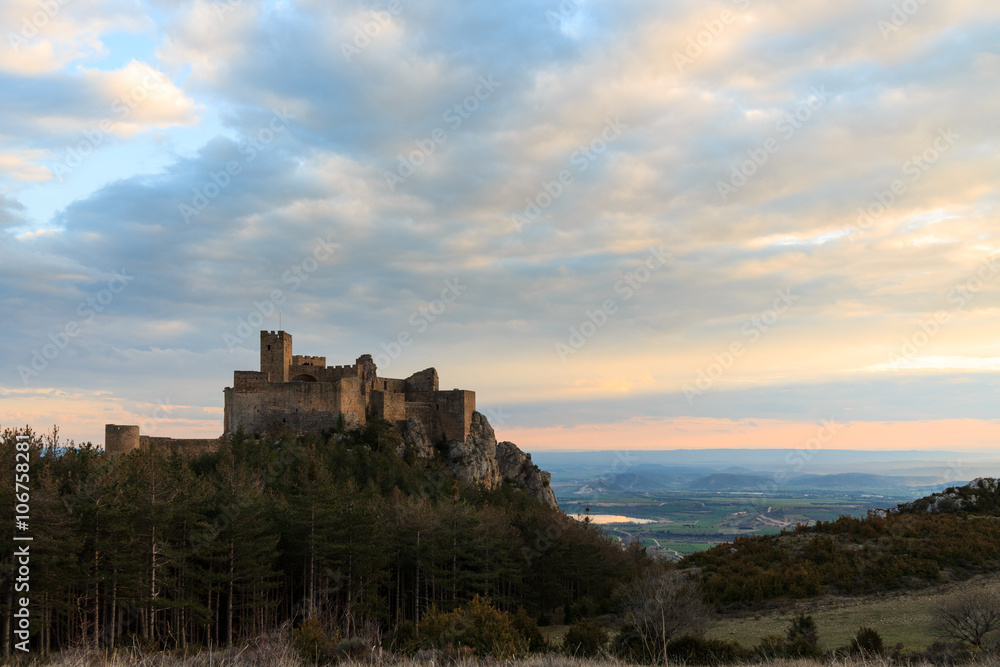 Medieval castle of Loarre at sunset, Aragon, Spain