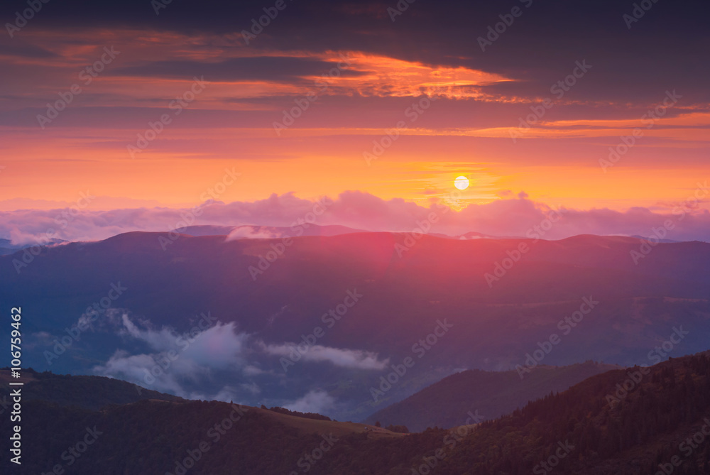 Colorful majestic Carpathian sunset