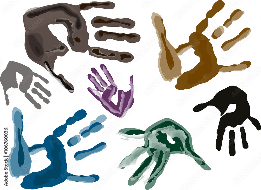 seven color hand prints isolated on white seven color hand prints isolated on white
